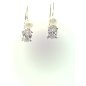 Sterling Silver 925 Stamped CZ and Freshwater Pearl Drop Earrings